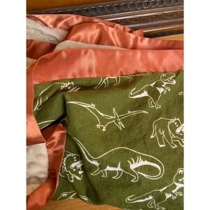 Dinosaur Baby Blanket Olive Green Fleece Cream Minky Dot Rust Satin Trim Milo